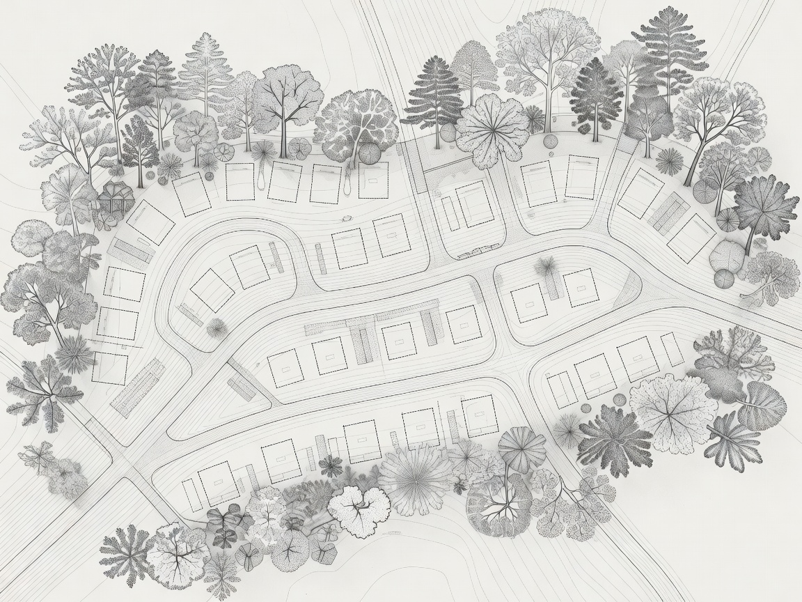 Campsite master planning drawing showing roadway grading, perimeter trees, and pitch delineations