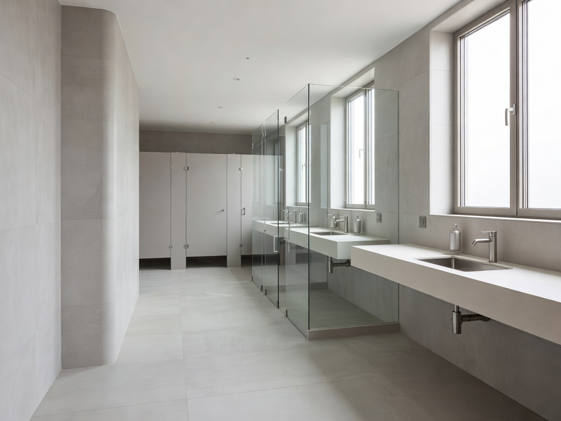 Contemporary European campsite sanitary facility with easy-clean surfaces and natural lighting