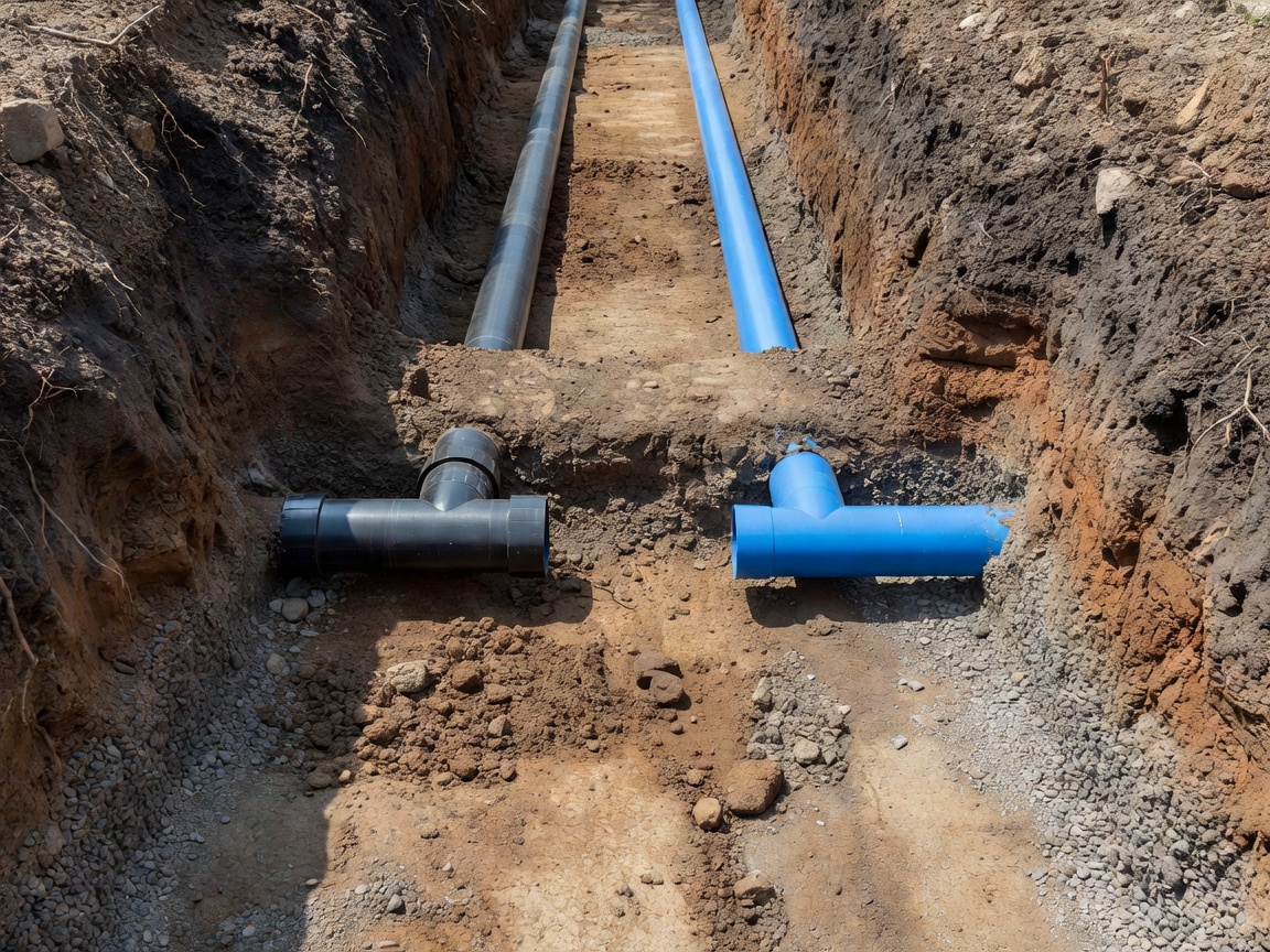 Cross-section of utility trench showing separated electric and water pipes