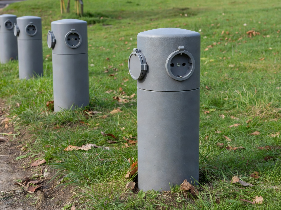 Durable outdoor electrical bollards in campsite grass verge with CEE sockets