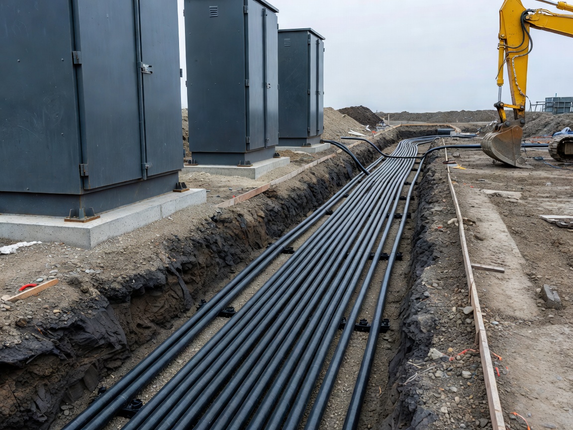 Electrical feeder pillars and conduit trench ready for backfill