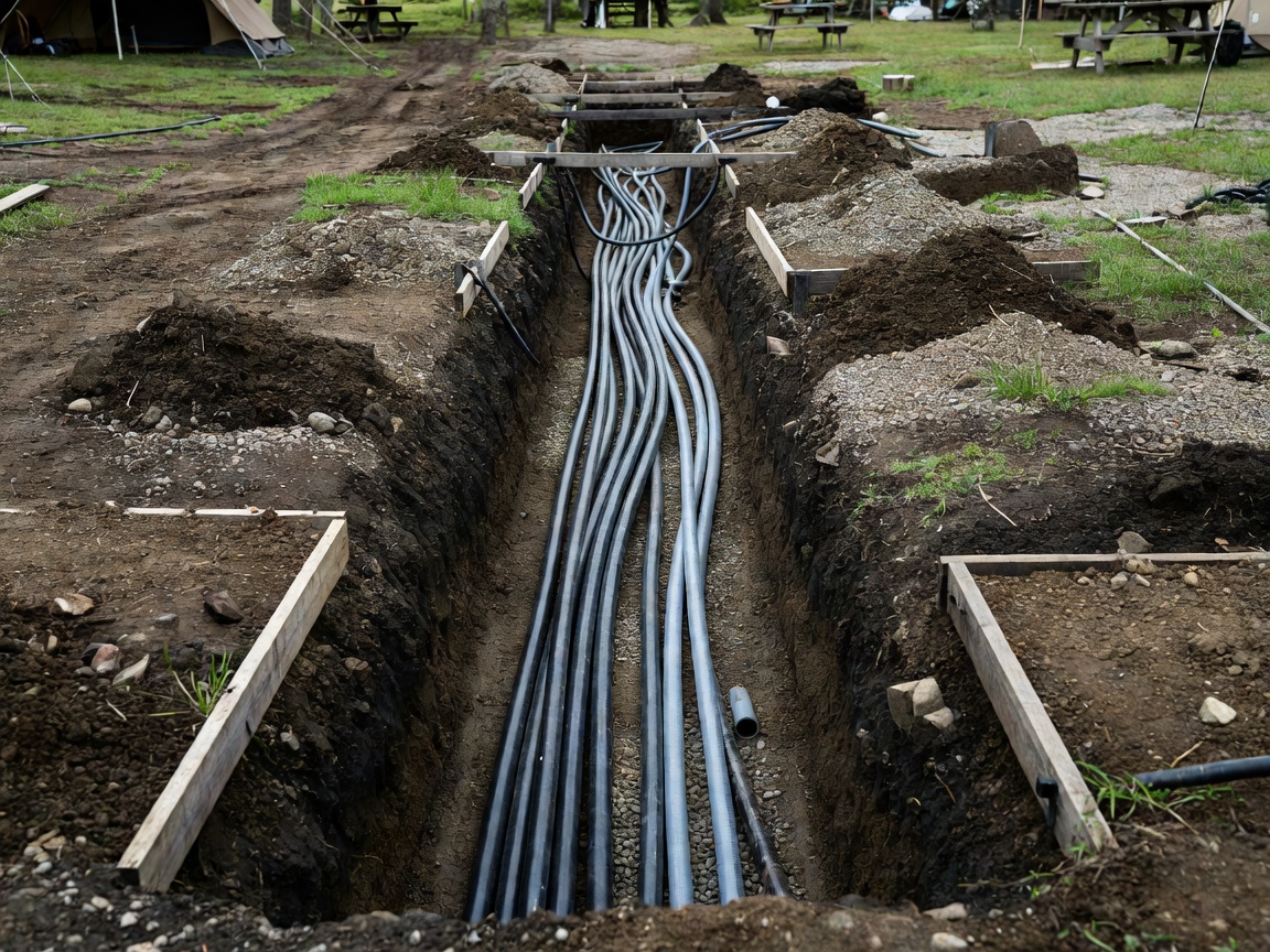 Excavation trench for campsite drainage and electrical conduits