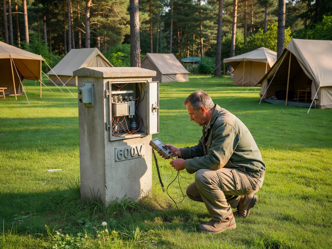 Groundskeeper checking an outdoor electrical pillar on campsite lawn