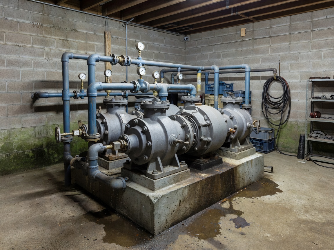 Heavy duty water booster pumps and manifold in campsite plant room