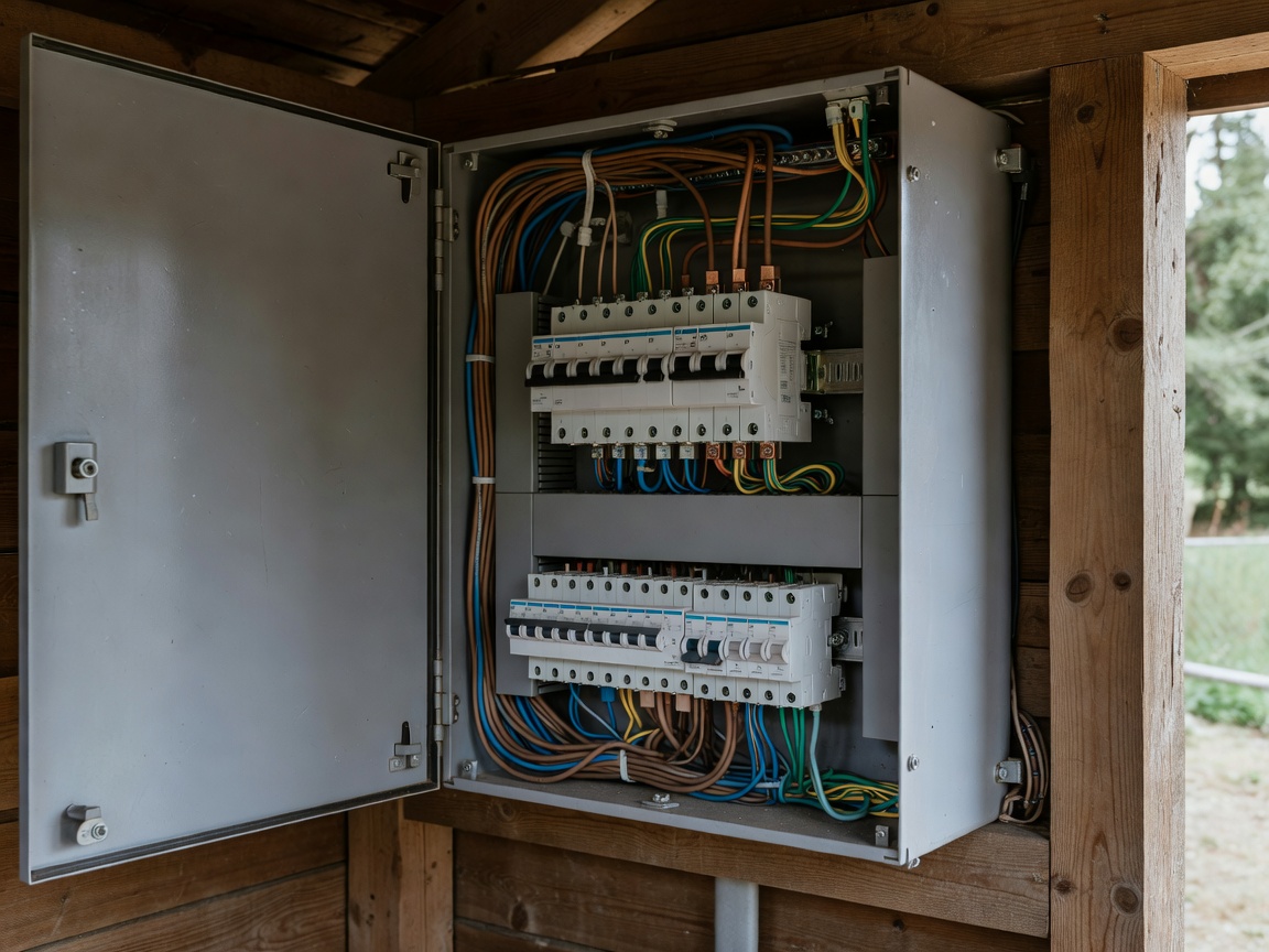 Main circuit breaker panel inside European campsite service shed
