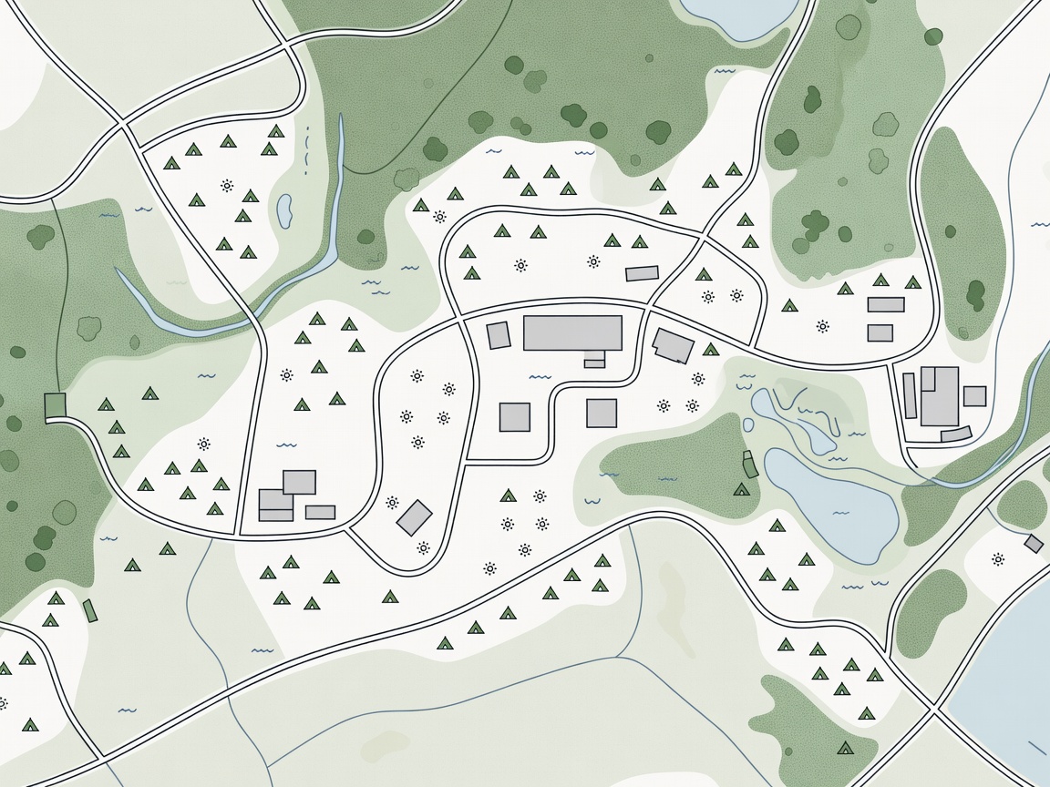 Master plan overview map of campsite amenities and pathways