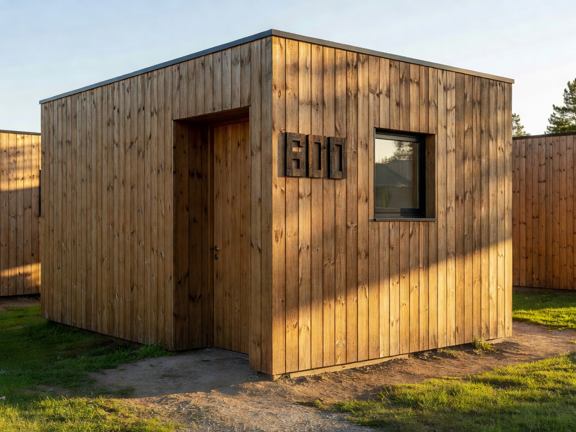 Renovated campsite toilet building exterior with timber cladding