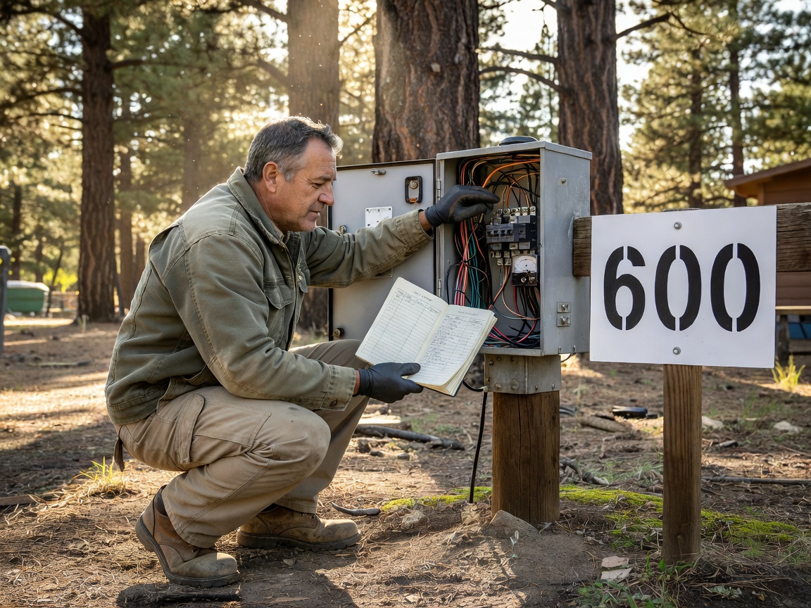 Technician checking campsite utility junction box and service log