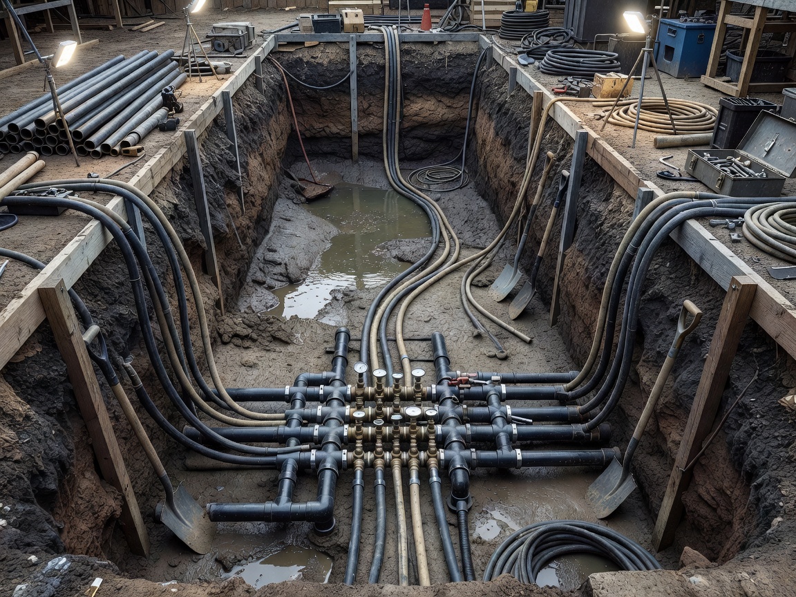 Underground campsite water and utility trenching with manifold connection
